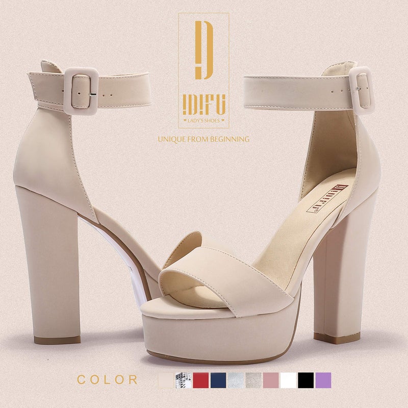 IDIFU IN5 Sabrina Nude Heels Platform Block Chunky High Ankle Strap Heeled Sandals Sexy Wedding Party Dress Shoes for Women Open Toe Heels (Nude Nubuck, 7) - Image 2